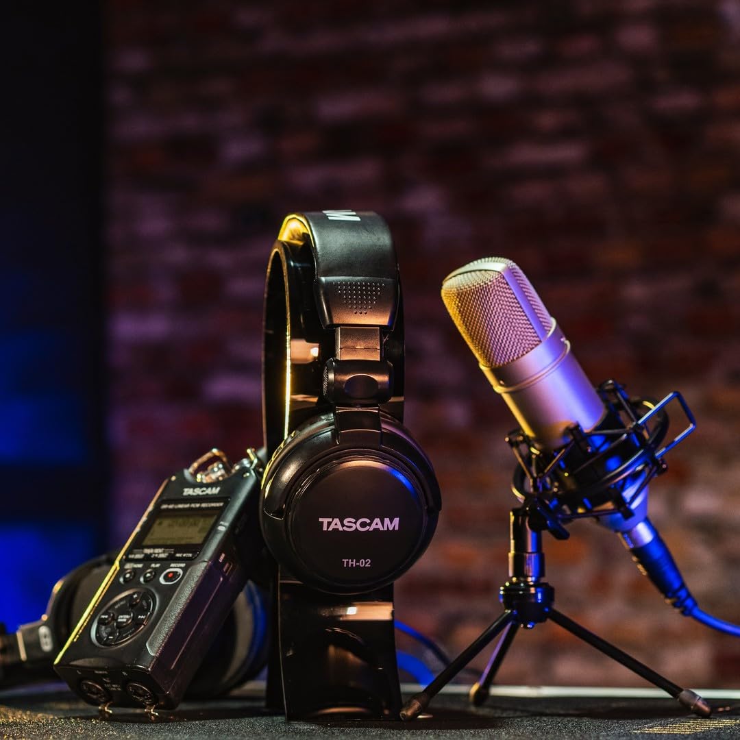TASCAM TH-02 Professional Studio Monitor Headphones, Wired, Over Ear — for Recording, Podcast, DJ, Music and Guitar, with 1/4 Inch Jack Adapter