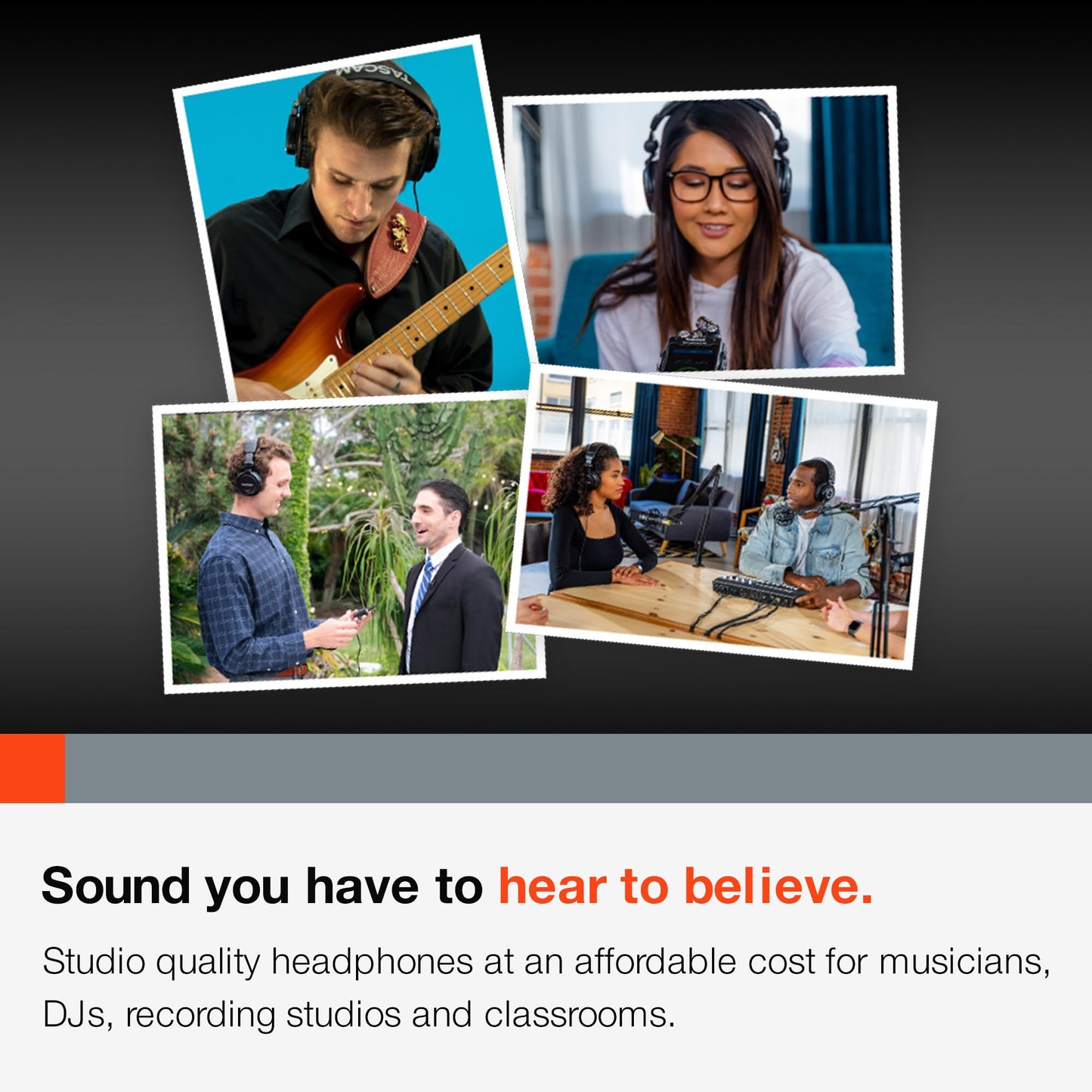 TASCAM TH-02 Professional Studio Monitor Headphones, Wired, Over Ear — for Recording, Podcast, DJ, Music and Guitar, with 1/4 Inch Jack Adapter