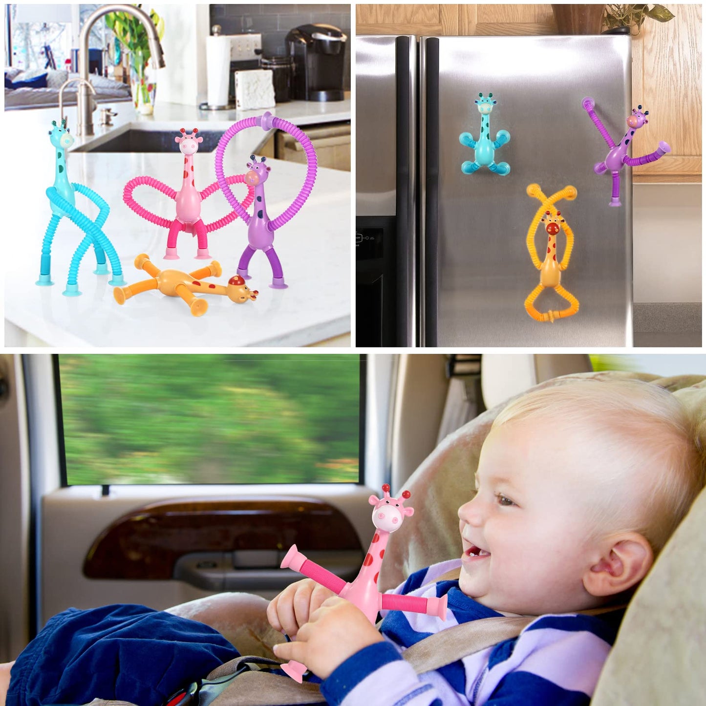 XONTEUS 4 Pack Telescopic Suction Cup Giraffe Toy, Sensory Tubes for Toddler, Fidget Toys for 3 4 5 6 7 8 Year Old Boys Girls, Toddler Travel Toys,Christmas Stocking Stuffers for Kids