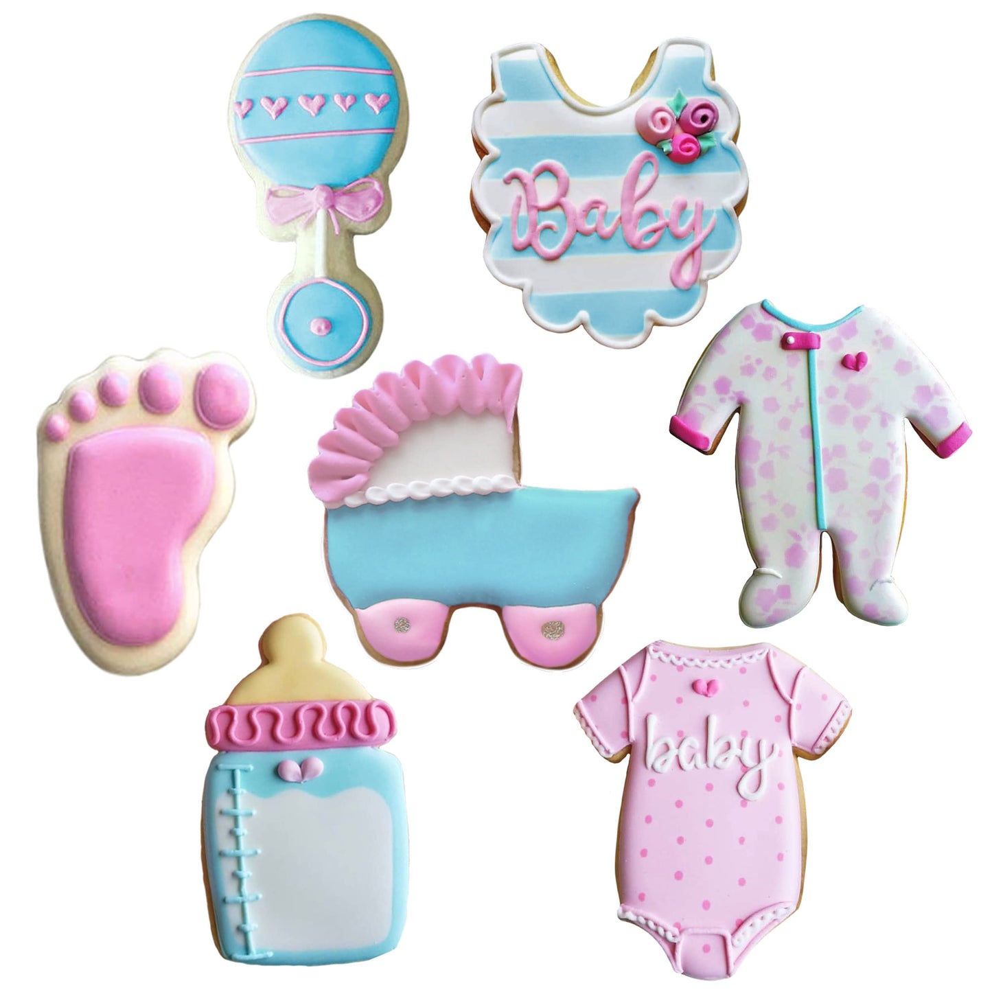 Baby Shower Cookie Cutters 7-Pc Set Made in USA by Ann Clark, Onesie, Bib, Rattle, Bottle, Carriage, Foot, Footie PJs