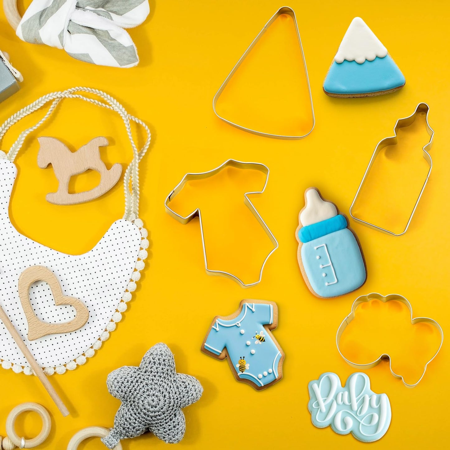 Teenyyou 4 Pcs Baby Shower Cookie Cutters Baby Platter Cookie Cutter Stainless Steel Baby Word Baby Clothes Wedge and Baby Bottle Biscuit Cutters for Baby
