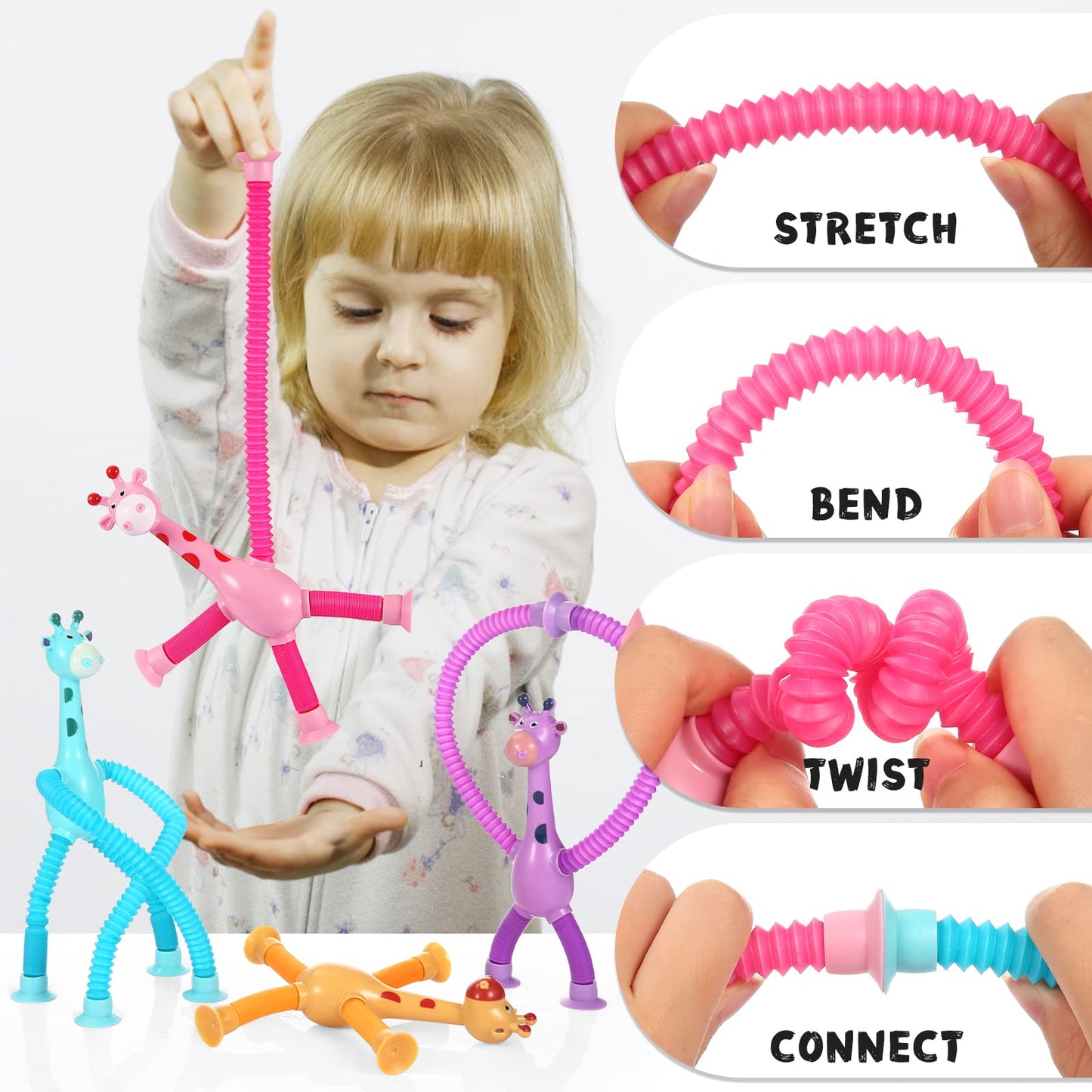 XONTEUS 4 Pack Telescopic Suction Cup Giraffe Toy, Sensory Tubes for Toddler, Fidget Toys for 3 4 5 6 7 8 Year Old Boys Girls, Toddler Travel Toys,Christmas Stocking Stuffers for Kids