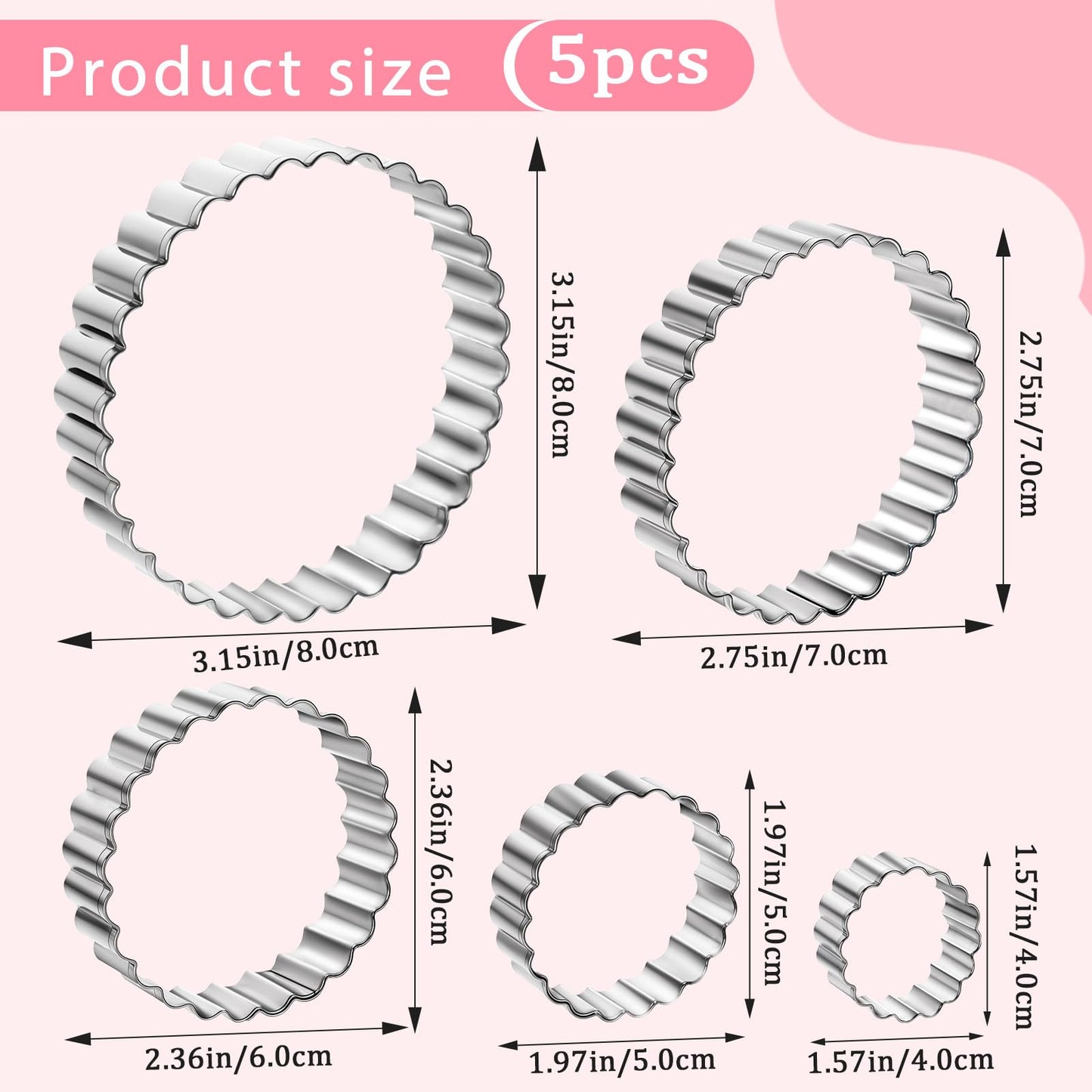 5PCS Biscuit Cutters for Baking, Round Biscuit Cutter 1.5"- 3.2" Fluted Cookie Cutters Double Sided Fluted Wavy Circle 304 Stainless Steel Cookie Cutter for Scones, Pastries, Baking, Desserts, Muffins