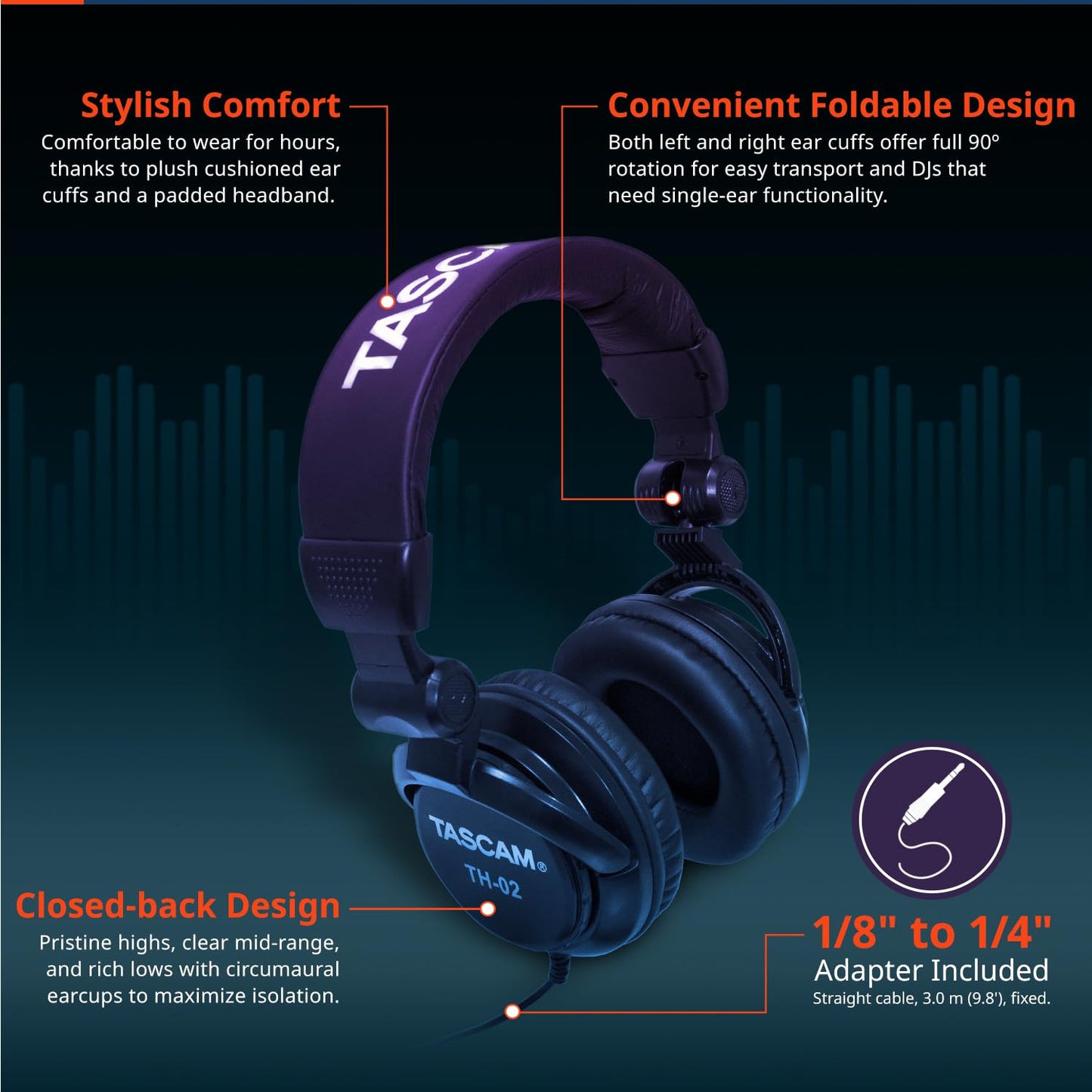 TASCAM TH-02 Professional Studio Monitor Headphones, Wired, Over Ear — for Recording, Podcast, DJ, Music and Guitar, with 1/4 Inch Jack Adapter