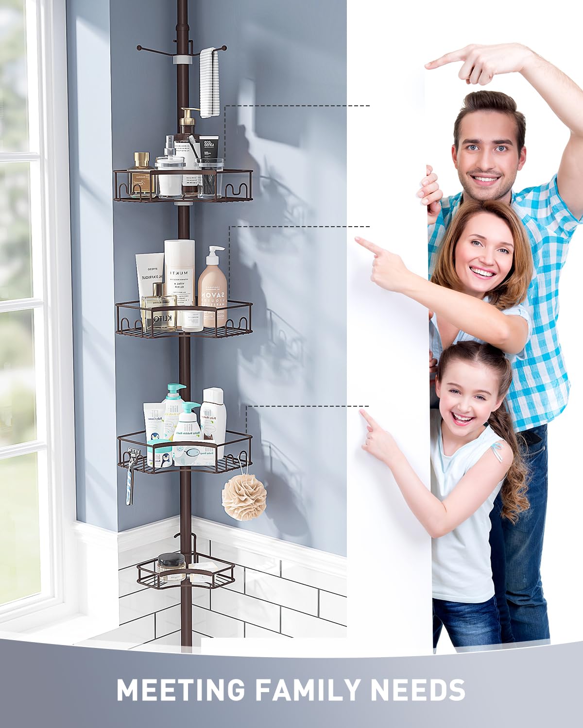SEIRIONE Corner Shower Caddy Tension Pole, 4-Tier Rust-Free Shower Organizer Corner,Adjustable Shower Shelf for Inside Shower,Easy-Install Shower Rack for Shower Storage,61.3 to 113Inch, Brown