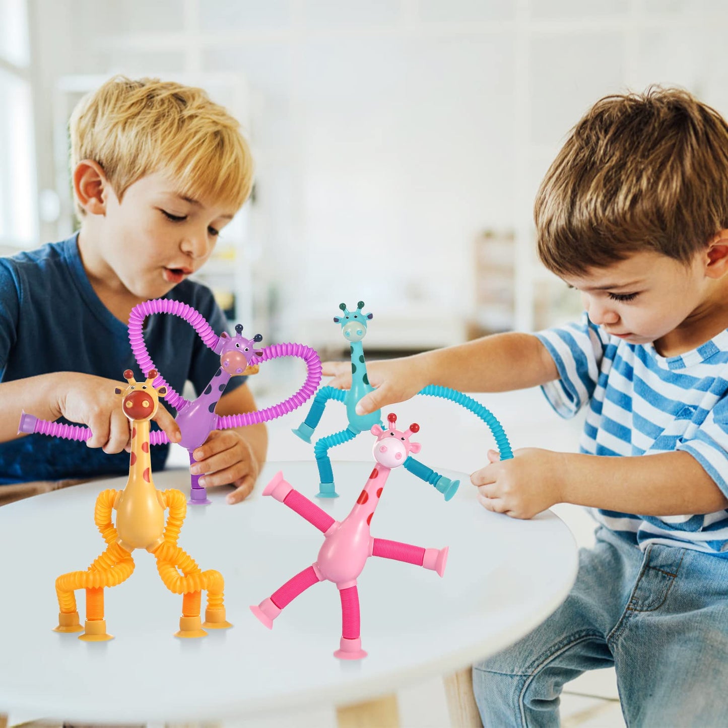 XONTEUS 4 Pack Telescopic Suction Cup Giraffe Toy, Sensory Tubes for Toddler, Fidget Toys for 3 4 5 6 7 8 Year Old Boys Girls, Toddler Travel Toys,Christmas Stocking Stuffers for Kids