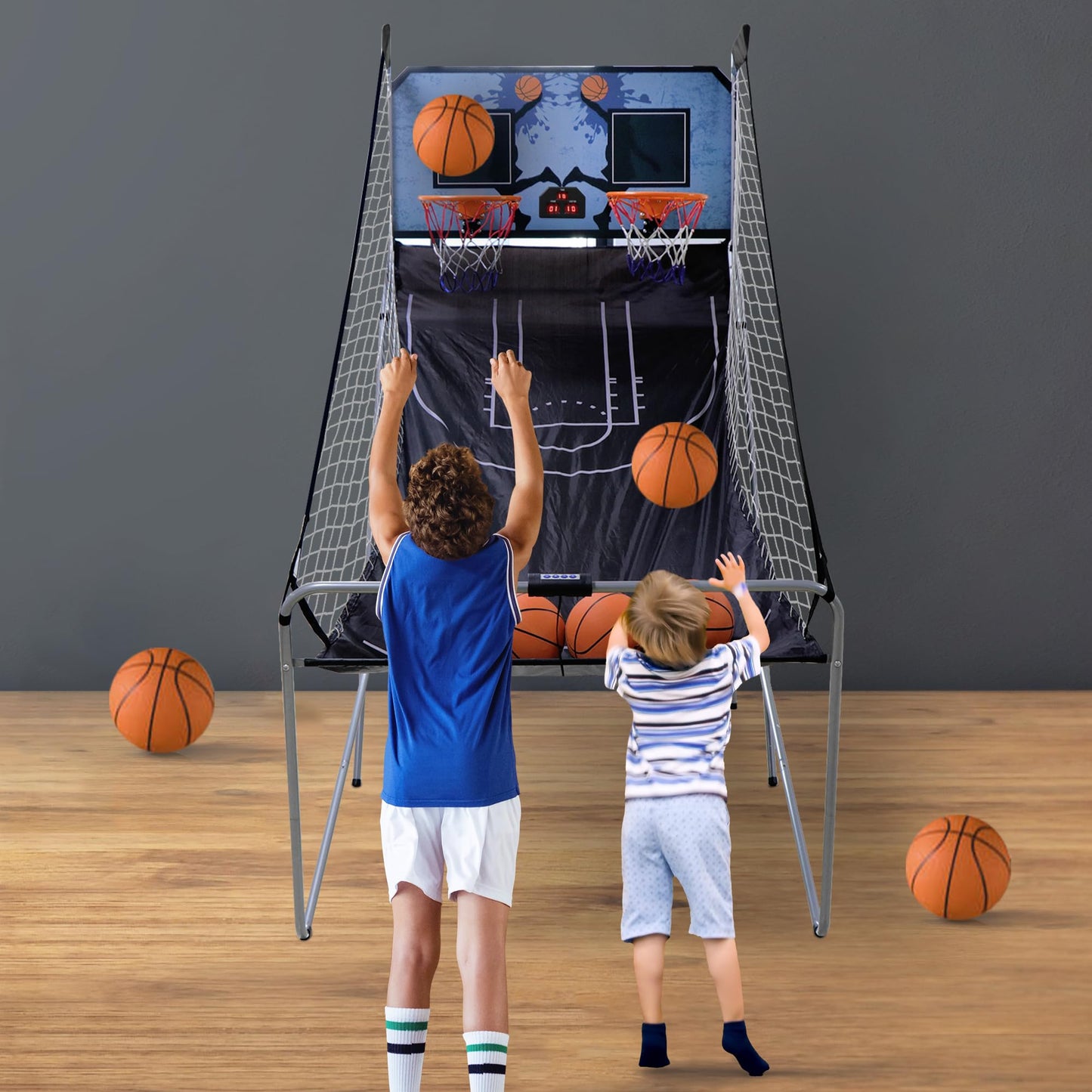 JupiterForce Foldable Indoor Basketball Arcade Game, Electronic Dual Shot Basketball Hoop Arcade Game Machine with 4 Balls and LED Scoring for 2 Players Home Play, Kids, Adults