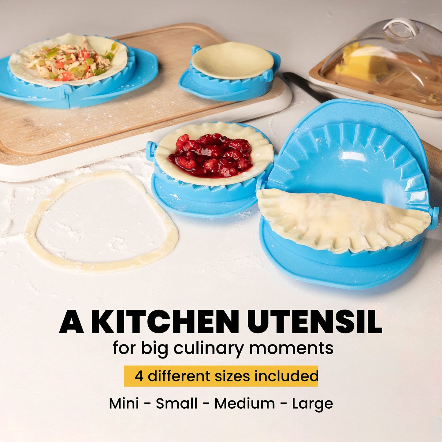 Machika Empanada Maker Press | Empanada Press With Crimped Edges | Food Safe Empanadas work as Dough Press Meat Cutter Machine Half Moon Design Dough Cutter | Set of 4 Sizes Included 3β 4β 5β 6'' I