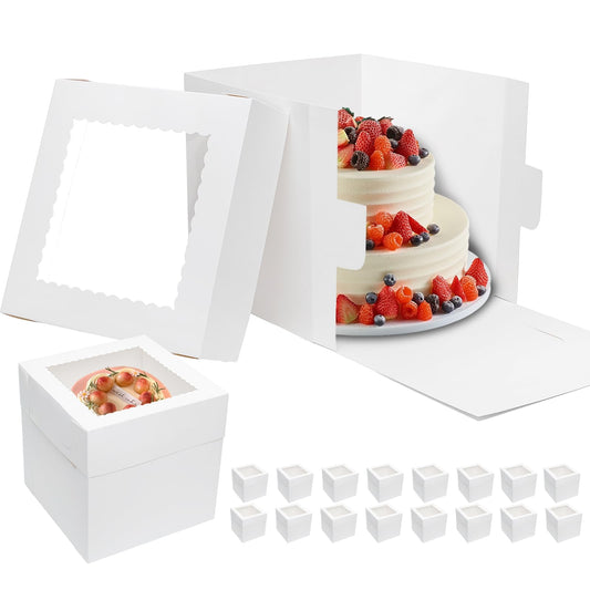 Mcfleet 16pcs Cake Boxes 10 Inch 10x10x10 Tall Cake Boxes for Tier Cakes with Window Disposable Cake Containers with Lids White Large Cardboard Bakery Take Out Carrier for Wedding, Birthday, Party