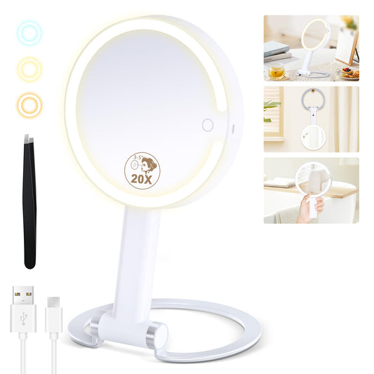 MOMOKUBA Magnifying Mirror with Light 20X/1X, Lighted Makeup Mirror with Magnification, Make Up Mirrors Stand Up Double Sided, Magnified Travel Mirror with Lights, Rechargeable 3 Color Dimmable