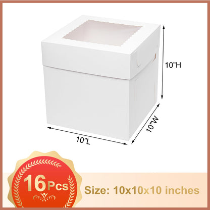 Mcfleet 16pcs Cake Boxes 10 Inch 10x10x10 Tall Cake Boxes for Tier Cakes with Window Disposable Cake Containers with Lids White Large Cardboard Bakery Take Out Carrier for Wedding, Birthday, Party