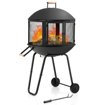 Giantex 28" Portable Fire Pit on Wheels, Outdoor Mobile Wood Burning Firepit w/Log Grate, Fire Poker, Heavy-Duty Steel Frame & Solid Metal Top, 2-Door Gate, Rolling Fire Pits for Entertaining Camping