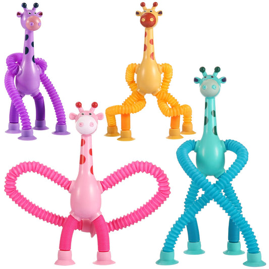 XONTEUS 4 Pack Telescopic Suction Cup Giraffe Toy, Sensory Tubes for Toddler, Fidget Toys for 3 4 5 6 7 8 Year Old Boys Girls, Toddler Travel Toys,Christmas Stocking Stuffers for Kids