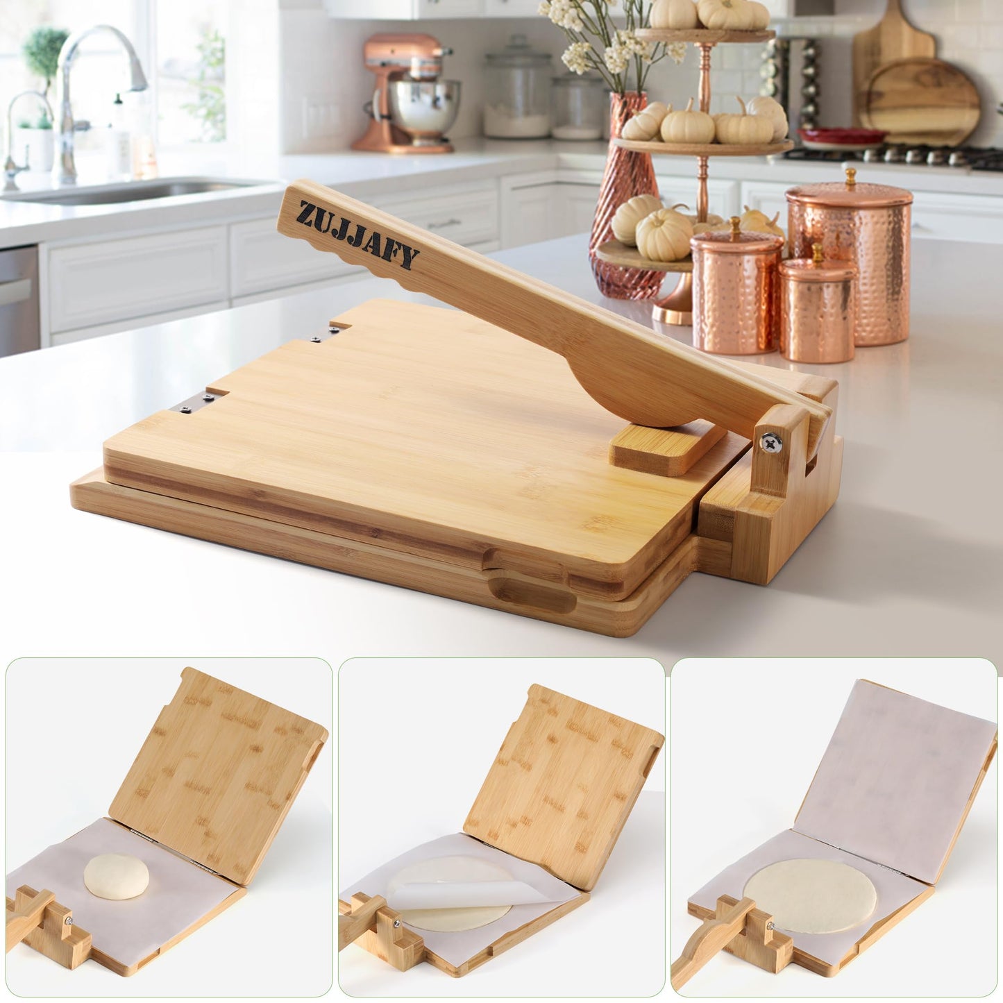 ZUJJAFY Bamboo Tortilla Press 12 Inch, Square Tortilla Maker with 50pcs Parchment Paper, Mexican Tortillera Presser Homemade Tortillas Pataconera Dough Press