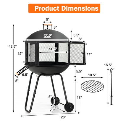 Giantex 28" Portable Fire Pit on Wheels, Outdoor Mobile Wood Burning Firepit w/Log Grate, Fire Poker, Heavy-Duty Steel Frame & Solid Metal Top, 2-Door Gate, Rolling Fire Pits for Entertaining Camping