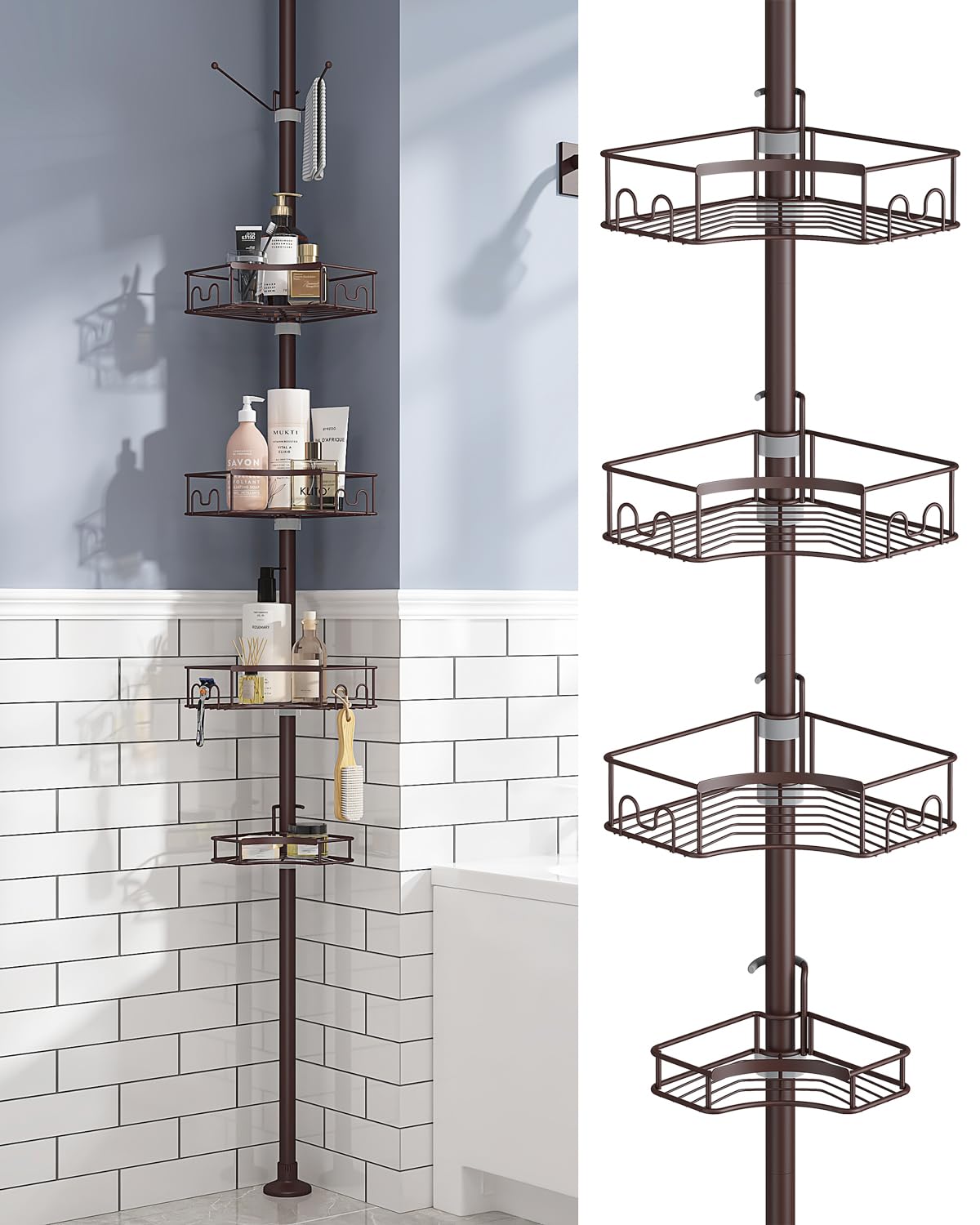 SEIRIONE Corner Shower Caddy Tension Pole, 4-Tier Rust-Free Shower Organizer Corner,Adjustable Shower Shelf for Inside Shower,Easy-Install Shower Rack for Shower Storage,61.3 to 113Inch, Brown