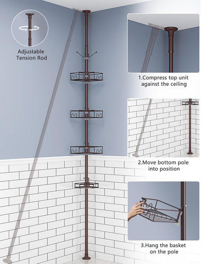 SEIRIONE Corner Shower Caddy Tension Pole, 4-Tier Rust-Free Shower Organizer Corner,Adjustable Shower Shelf for Inside Shower,Easy-Install Shower Rack for Shower Storage,61.3 to 113Inch, Brown