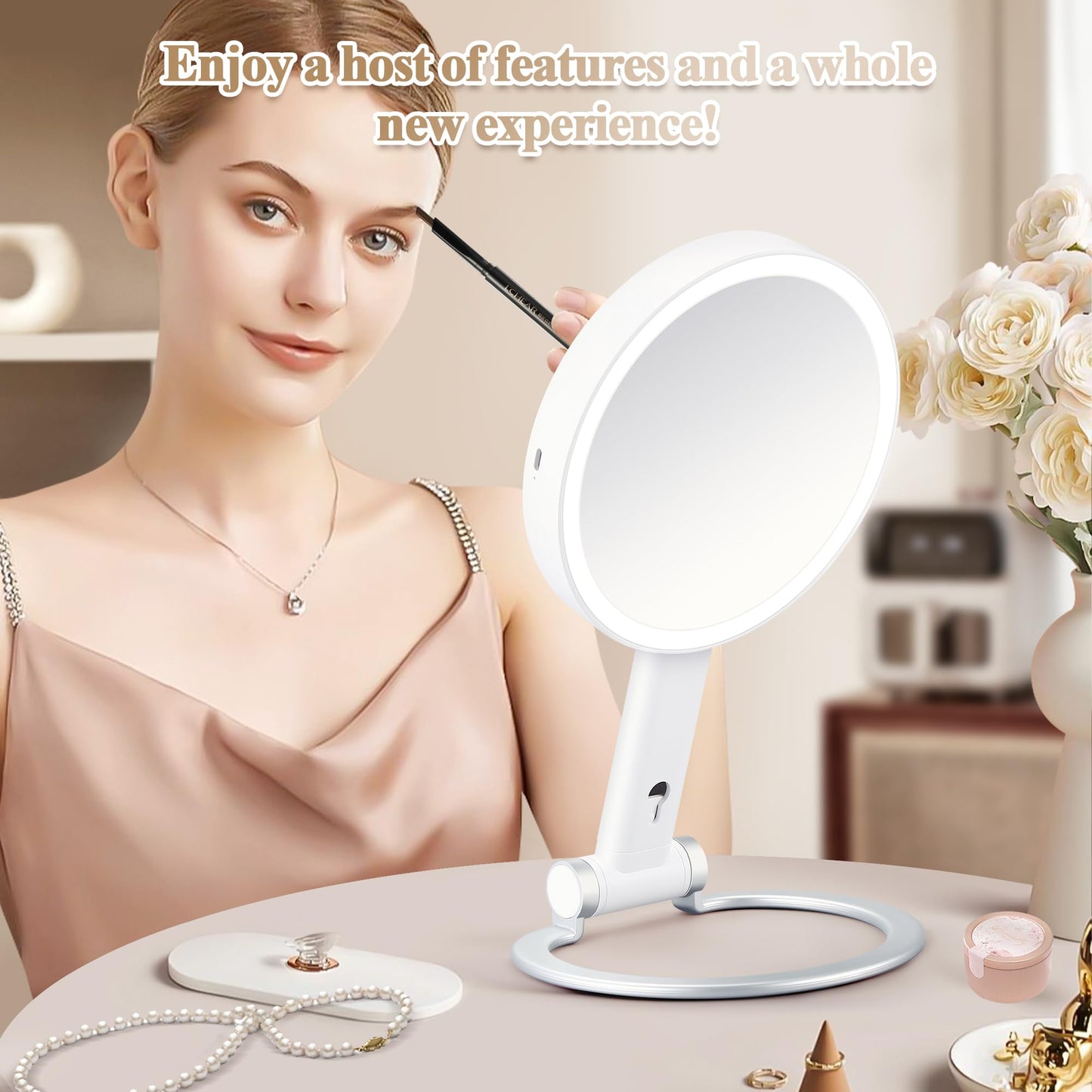 MOMOKUBA Magnifying Mirror with Light 20X/1X, Lighted Makeup Mirror with Magnification, Make Up Mirrors Stand Up Double Sided, Magnified Travel Mirror with Lights, Rechargeable 3 Color Dimmable