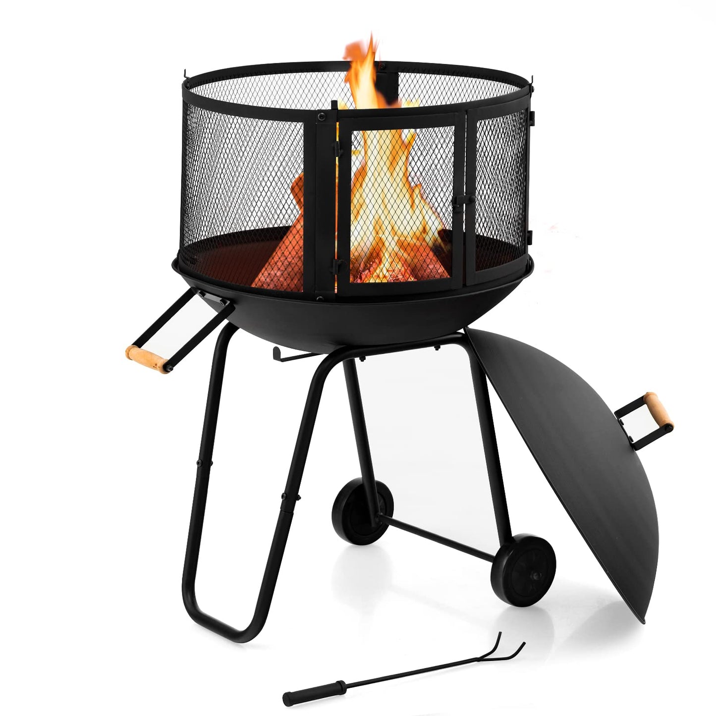 Giantex 28" Portable Fire Pit on Wheels, Outdoor Mobile Wood Burning Firepit w/Log Grate, Fire Poker, Heavy-Duty Steel Frame & Solid Metal Top, 2-Door Gate, Rolling Fire Pits for Entertaining Camping