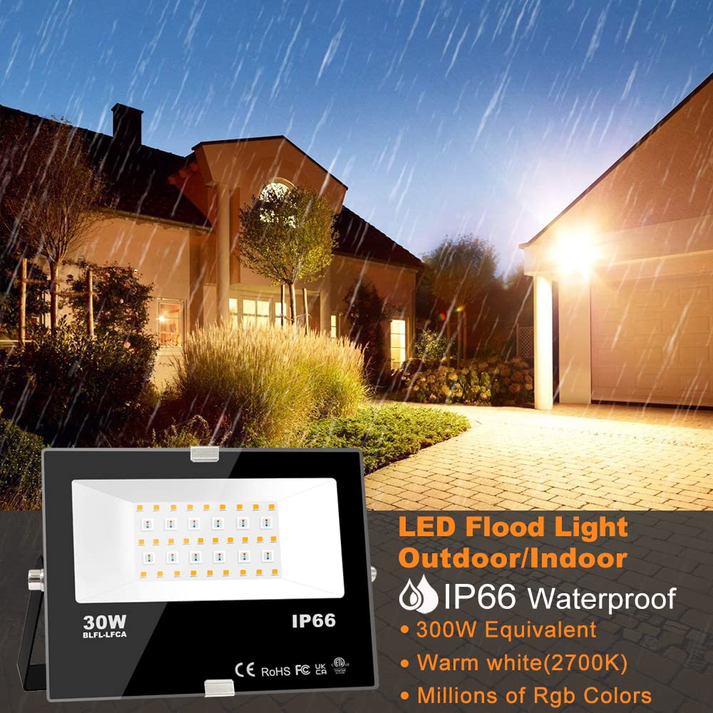 LED Flood Light Outdoor 30W, 300W Equivalent 3000LM Smart RGB Landscape Lighting with APP Control, DIY Scenes - Timing - Warm White 2700K - Color Changing Uplight, IP66, US Plug MELPO(4 Pack)