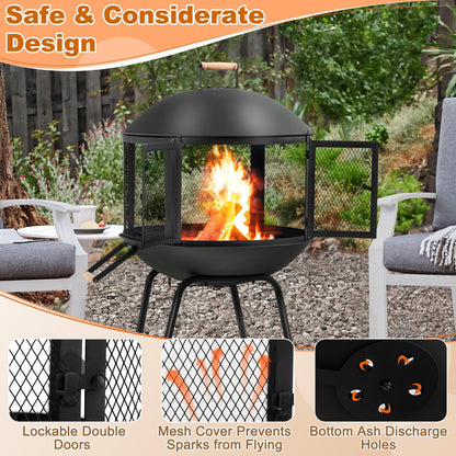 Giantex 28" Portable Fire Pit on Wheels, Outdoor Mobile Wood Burning Firepit w/Log Grate, Fire Poker, Heavy-Duty Steel Frame & Solid Metal Top, 2-Door Gate, Rolling Fire Pits for Entertaining Camping