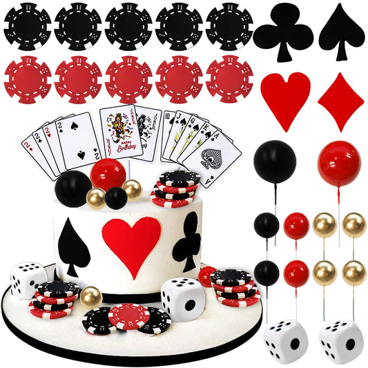 29PCS Casino Cake Decoration Dice Poker Chips Cupcake Cake Topper Set Ball Cake Topper Playing Card Game Theme Picks for Las Vegas Scene Birthday Party Decoration Supplies