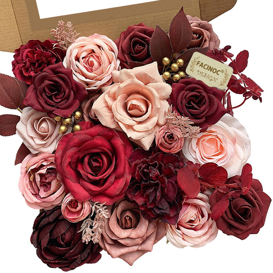 FACINOC Roses Artificial Flowers Burgundy Fake Flower Bulk for DIY Wedding Bouquet Bridal Baby Shower Centerpiece Table Decorations Cake Decorating Silk Faux Floral Arrangements Party Home Decor Dusty